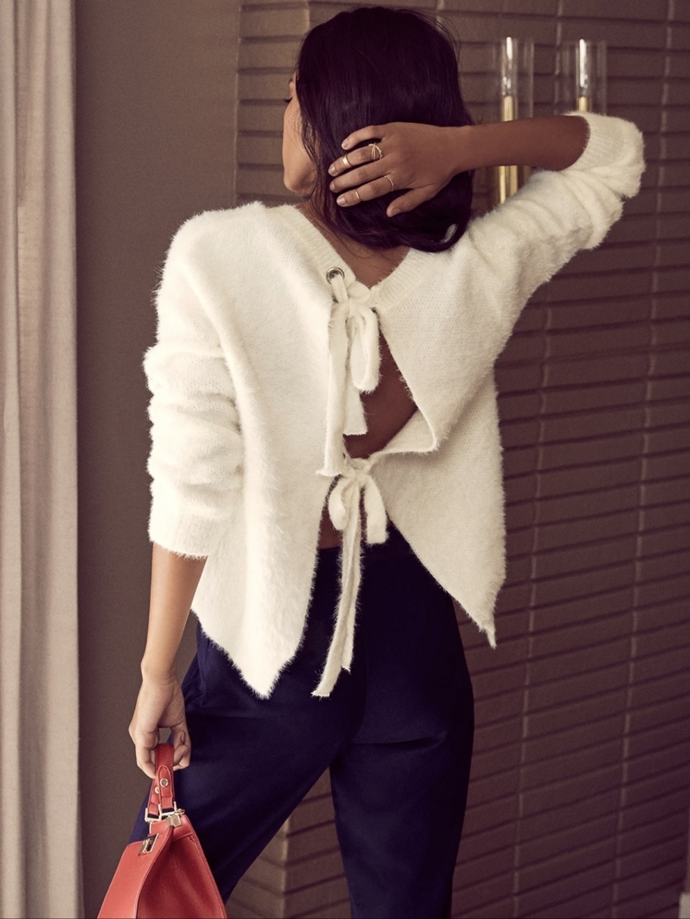 NWOT LULUS Weekend In Aspen Cozy Winter White Ivory Fuzzy Teady Tie-Back Sweater